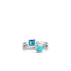 Ti Sento Bague - 12326DB Argent Rhodié Multi Joncs Pierres Synthétiques Bleue Et Turquoise | Femme Bague