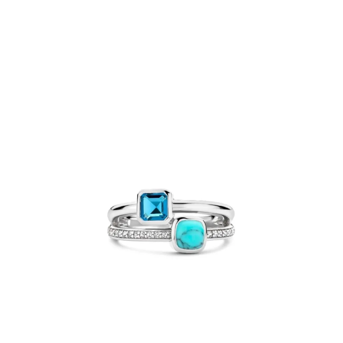 Ti Sento Bague - 12326DB Argent Rhodié Multi Joncs Pierres Synthétiques Bleue Et Turquoise | Femme Bague