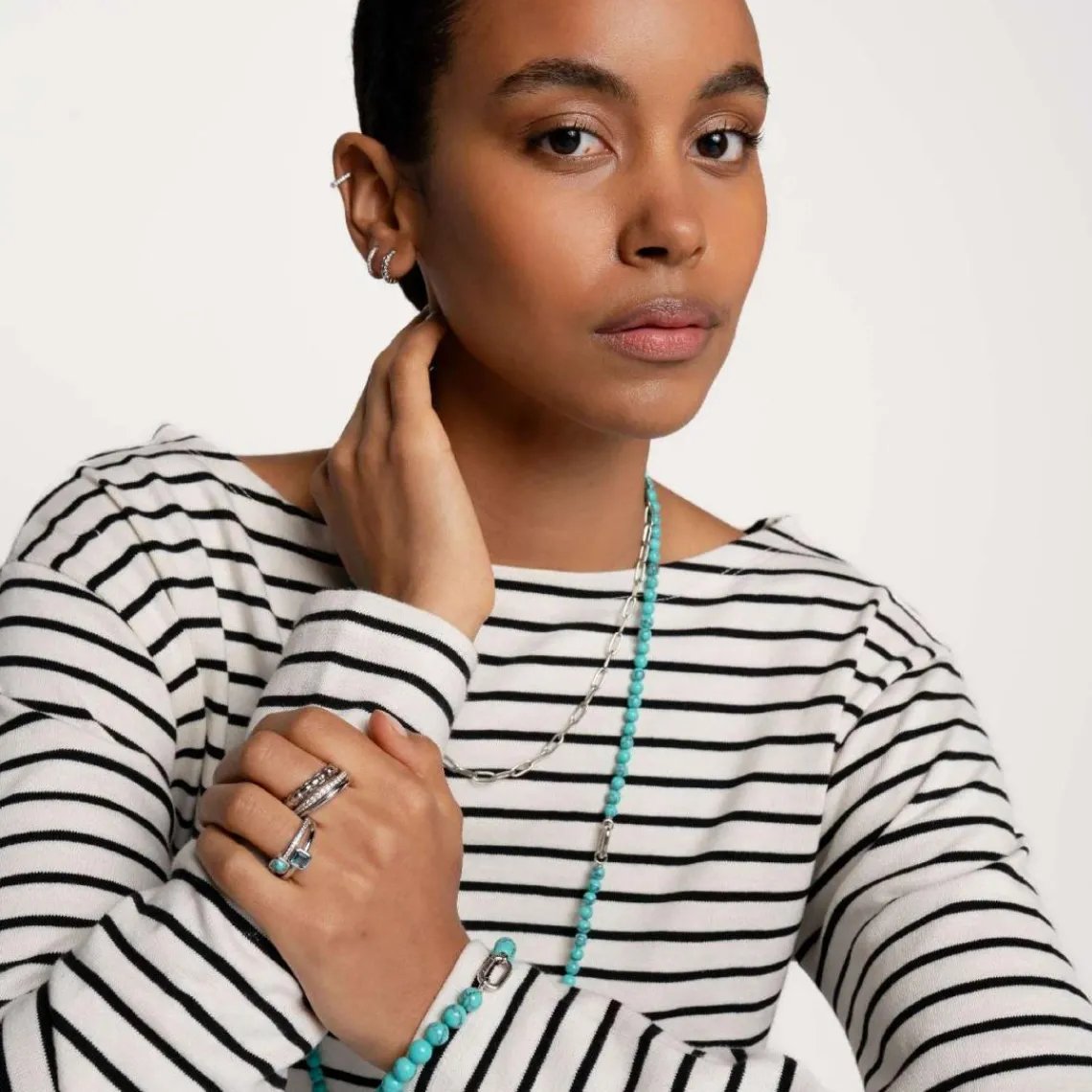 Ti Sento Bague - 12326DB Argent Rhodié Multi Joncs Pierres Synthétiques Bleue Et Turquoise | Femme Bague