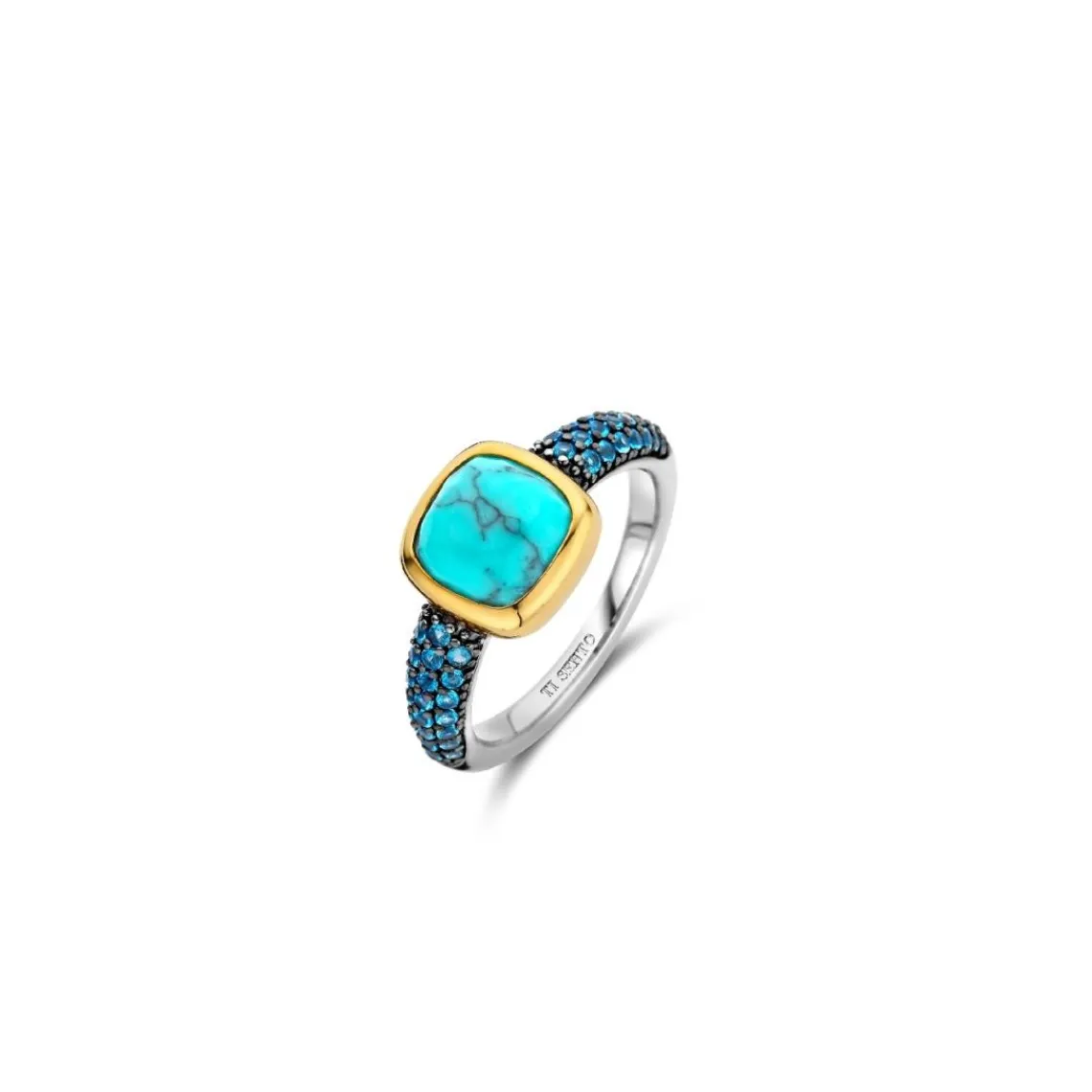 Ti Sento Bague - 12331TQ Argent Doré Et Pierre Synthétique Turquoise Carrée Et Pavage Bleu | Femme Bague
