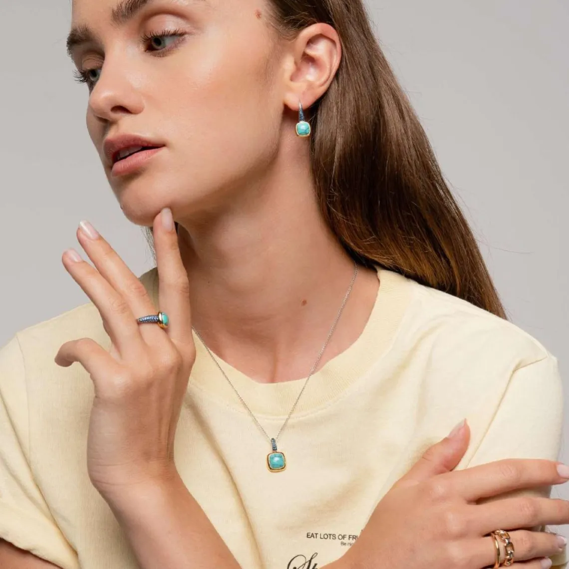 Ti Sento Bague - 12331TQ Argent Doré Et Pierre Synthétique Turquoise Carrée Et Pavage Bleu | Femme Bague