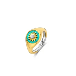 Ti Sento Bague - 12335TQ Argent Doré Forme Chevalière Fond Turquoise Et Soleil | Femme Bague