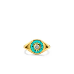 Ti Sento Bague - 12335TQ Argent Doré Forme Chevalière Fond Turquoise Et Soleil | Femme Bague