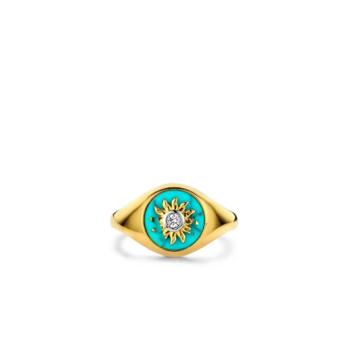 Ti Sento Bague - 12335TQ Argent Doré Forme Chevalière Fond Turquoise Et Soleil | Femme Bague