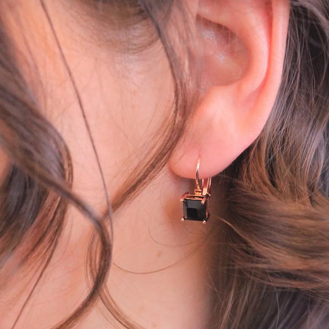 MYC-Paris Boucles d’oreilles Femme Square - DE0007-RG-BK Laiton Doré rose Noir | Femme Boucles D'Oreilles