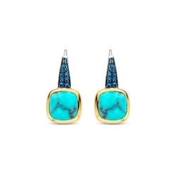 Ti Sento Boucles D'Oreilles - 7969TQ Argent Doré Pierre Veinée Turquoise Carré Et Oxydes De Zirconium Bleus | Femme Boucles D'Oreilles
