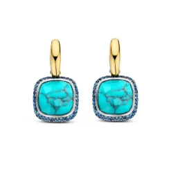 Ti Sento Boucles D'Oreilles - 7968TQ Argent Doré Pierre Veinée Turquoise Carré Et Oxydes De Zirconium Bleus | Femme Boucles D'Oreilles