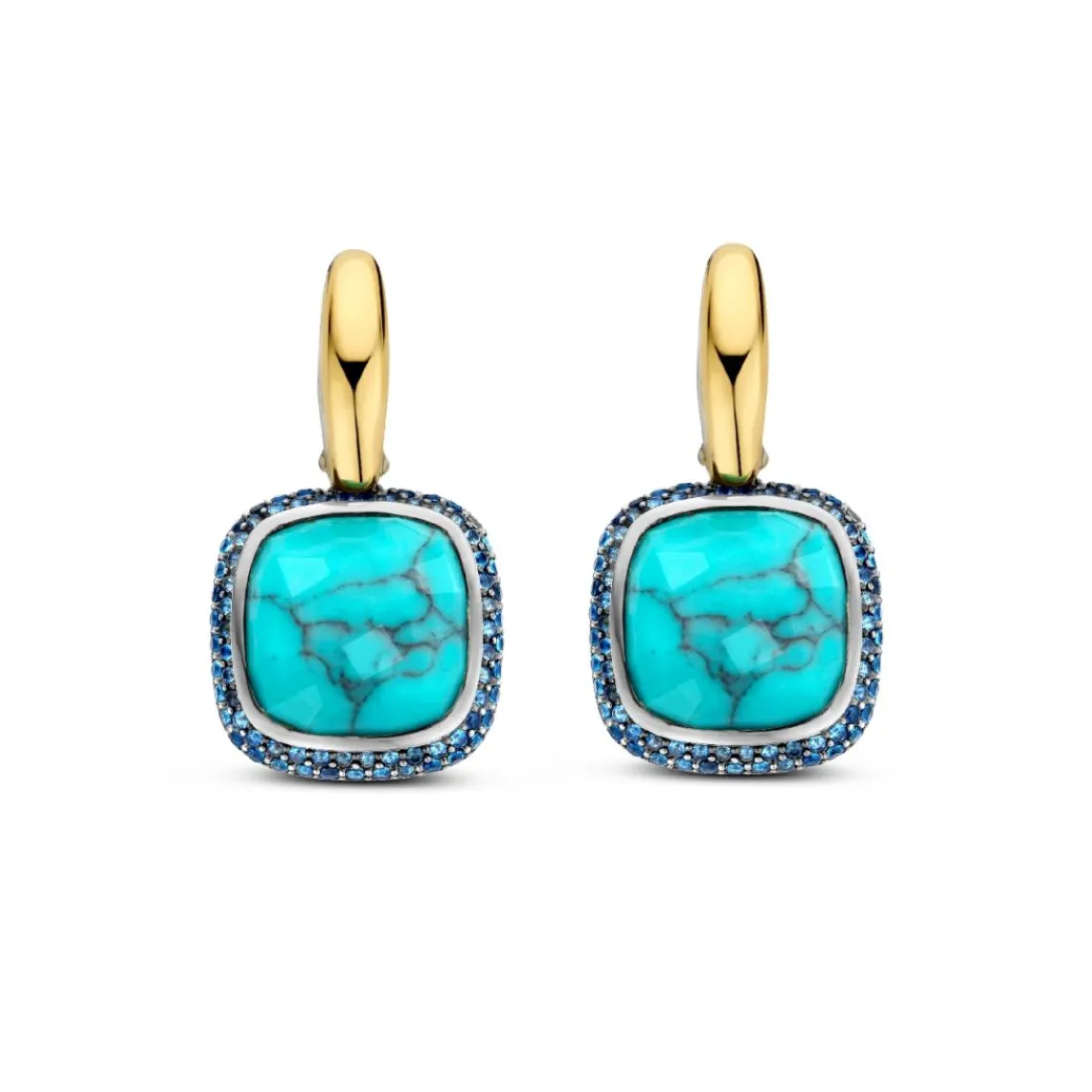 Ti Sento Boucles D'Oreilles - 7968TQ Argent Doré Pierre Veinée Turquoise Carré Et Oxydes De Zirconium Bleus | Femme Boucles D'Oreilles