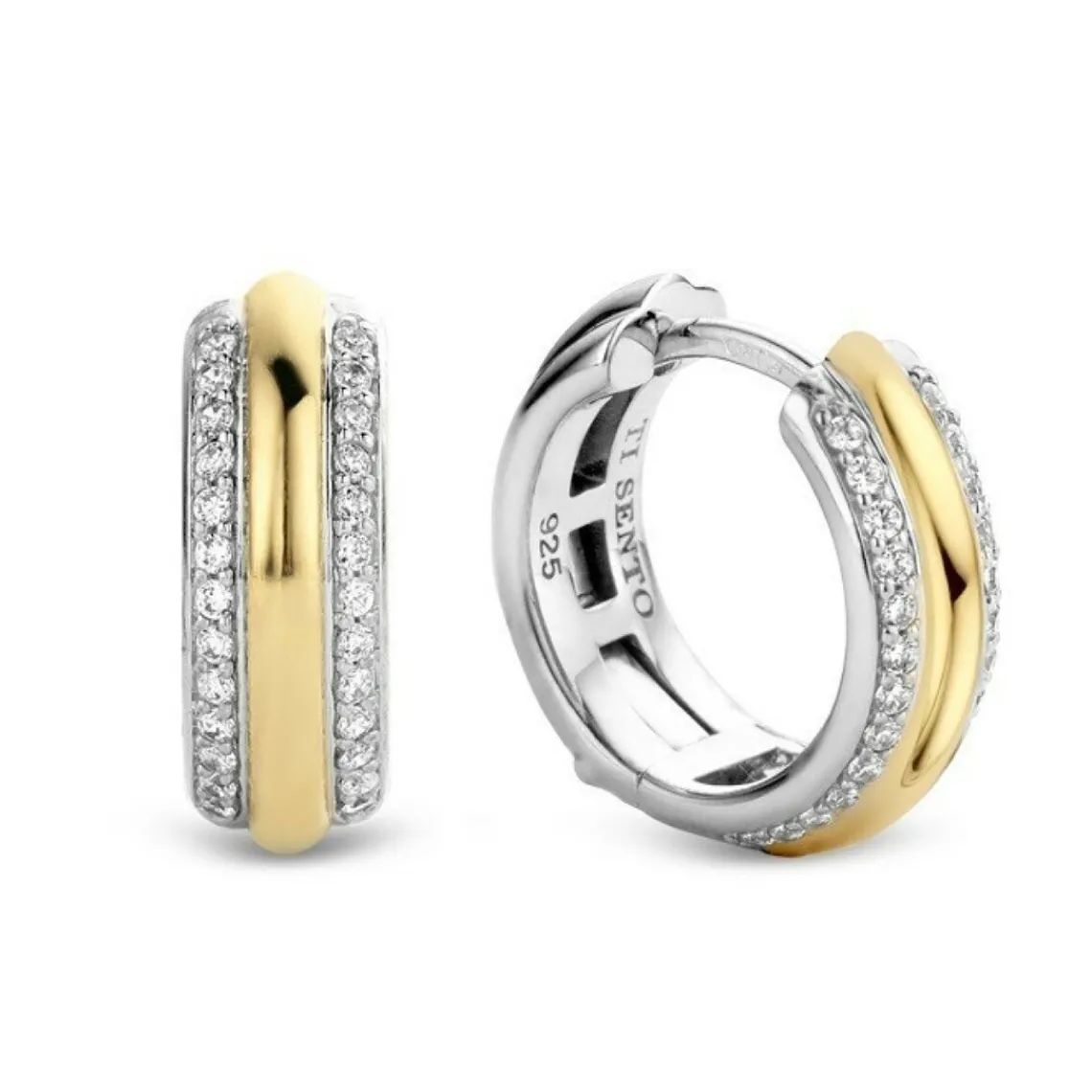 Ti Sento Boucles d'oreilles 7786ZY - Boucles d'oreilles Argent Gaudron Doré et Anneaux Pavés | Femme Boucles D'Oreilles