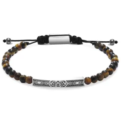 Rochet Bracelet Homme TALISMAN - oeil de tigre et plaque acier gravé sur cordon coton noir réglable | Homme Bracelet