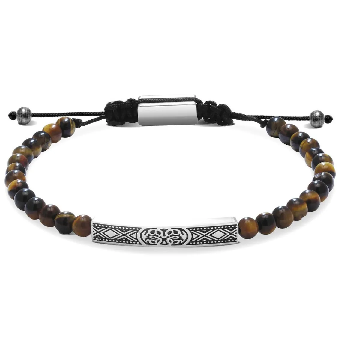 Rochet Bracelet Homme TALISMAN - oeil de tigre et plaque acier gravé sur cordon coton noir réglable | Homme Bracelet