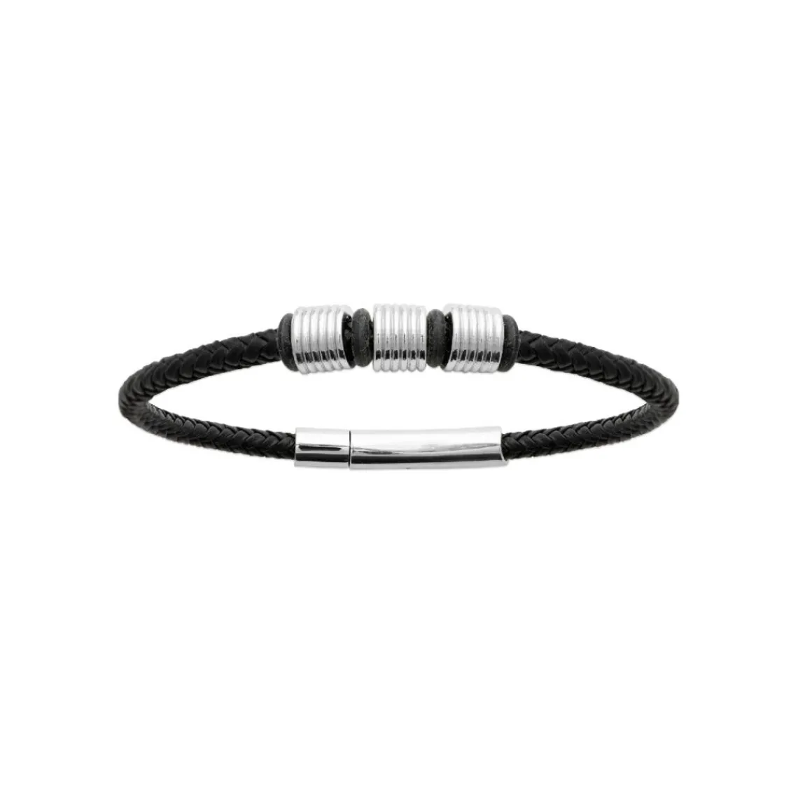Maison de la Bijouterie Bracelet Homme acier cuir tressé noir 3ZYZY6YZ | Homme Bracelet