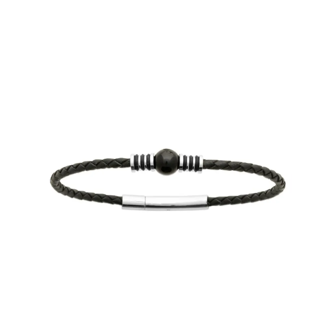Maison de la Bijouterie Bracelet Homme acier cuir tressé noir perle agate noire 3ZYZ3YYZ | Homme Bracelet