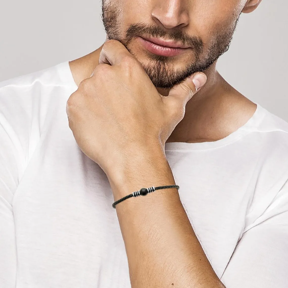 Maison de la Bijouterie Bracelet Homme acier cuir tressé noir perle agate noire 3ZYZ3YYZ | Homme Bracelet