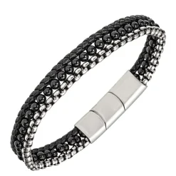 All Blacks Bijoux Bracelet Homme - 682396 Acier, Cuir Couleur Noir, Argent | Homme Bracelet