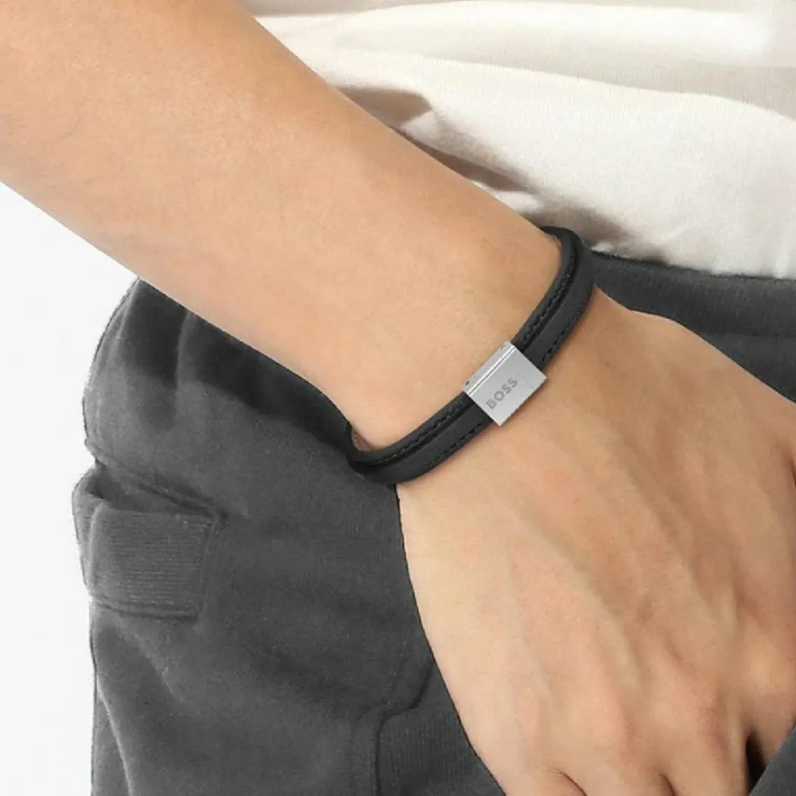 Boss Bijoux Bracelet Homme Grover 1580328S - Cuir, Acier Noir | Homme Bracelet