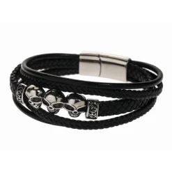 Redskins Bracelet Bijoux 285509 - Homme en Cuir Tressé et Acier Têtes de Mort | Homme Bracelet