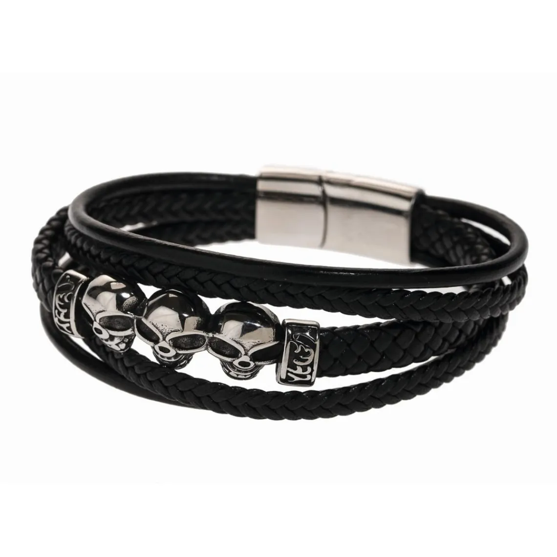 Redskins Bracelet Bijoux 285509 - Homme en Cuir Tressé et Acier Têtes de Mort | Homme Bracelet