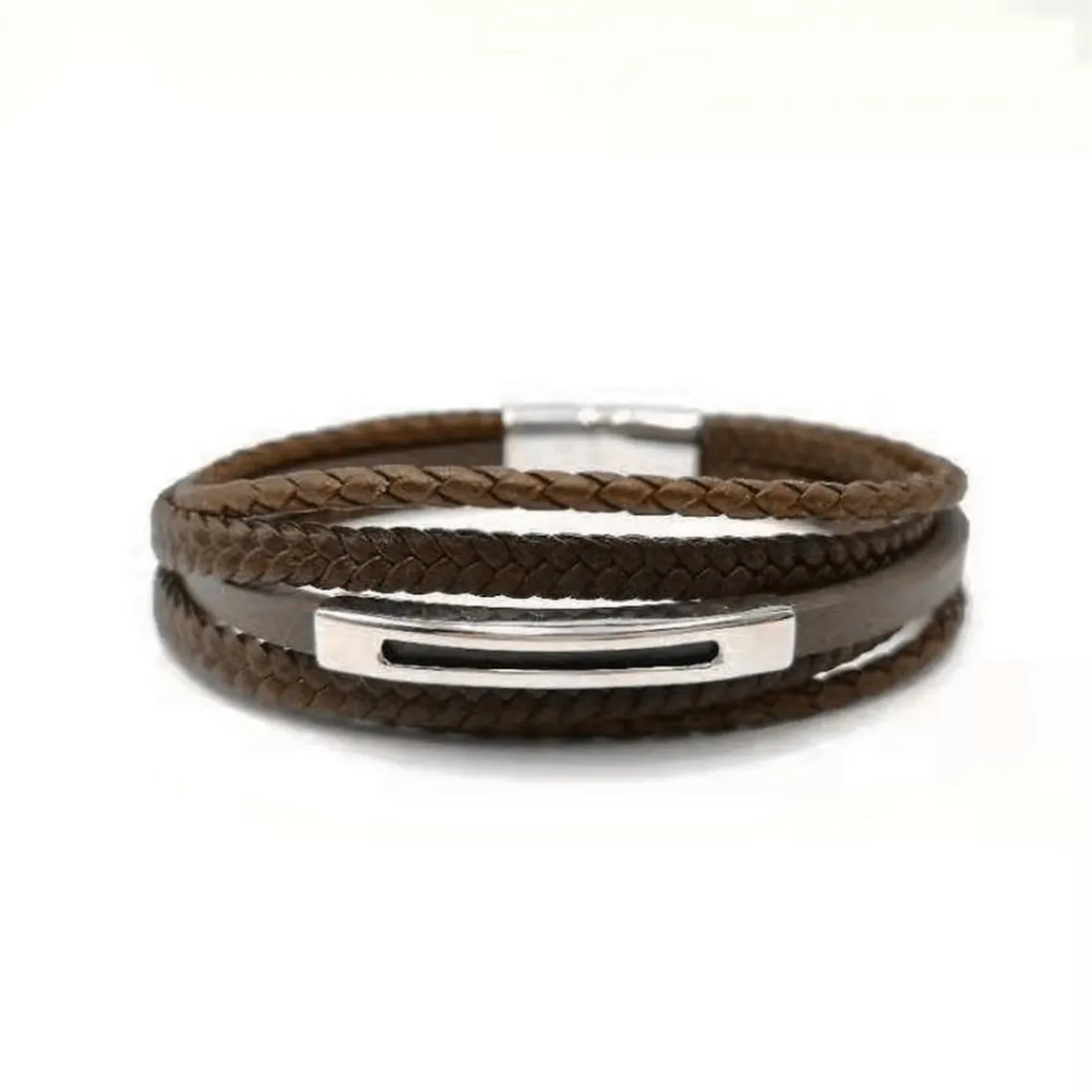 Redskins Bracelet Bijoux 285601 - Homme Marron en Cuir Tressé et Acier - Plaque Fendue | Homme Bracelet