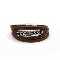 Redskins Bracelet Bijoux 285603 - Homme Marron en Cuir Tressé et Acier - Chaînette Gourmette et Rose des Vents | Homme Bracelet
