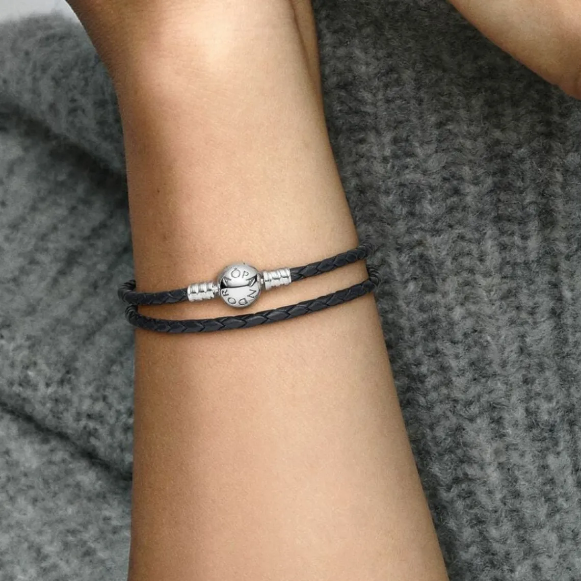 Pandora Bracelet Double tresse en Cuir Noir Bijoux | Femme Bracelet