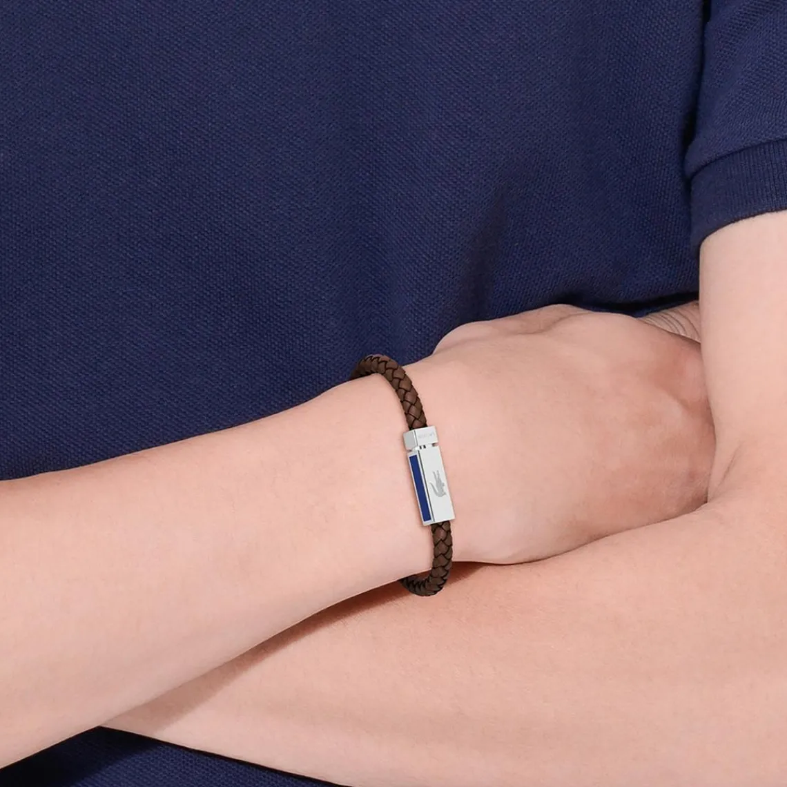 Lacoste Bracelet Homme Rokel - 2040450 Acier, Cuir Marron, Bleu | Homme Bracelet