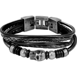 Rochet Bracelet Homme FURY HB6401 - tete de mort et perles acier vintage sur multiliens cuir noir | Homme Bracelet