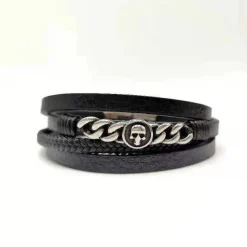 Redskins Bracelet Bijoux 285607 - Homme Noir en Cuir Tressé et Acier - Chaînette Gourmette et Tête de Mort | Homme Bracelet