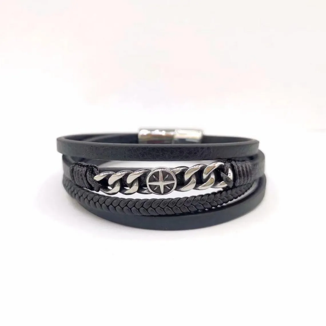 Redskins Bracelet Bijoux 285602 - Homme Noir en Cuir Tressé et Acier - Chaînettes Gourmette et Rose des Vents | Homme Bracelet