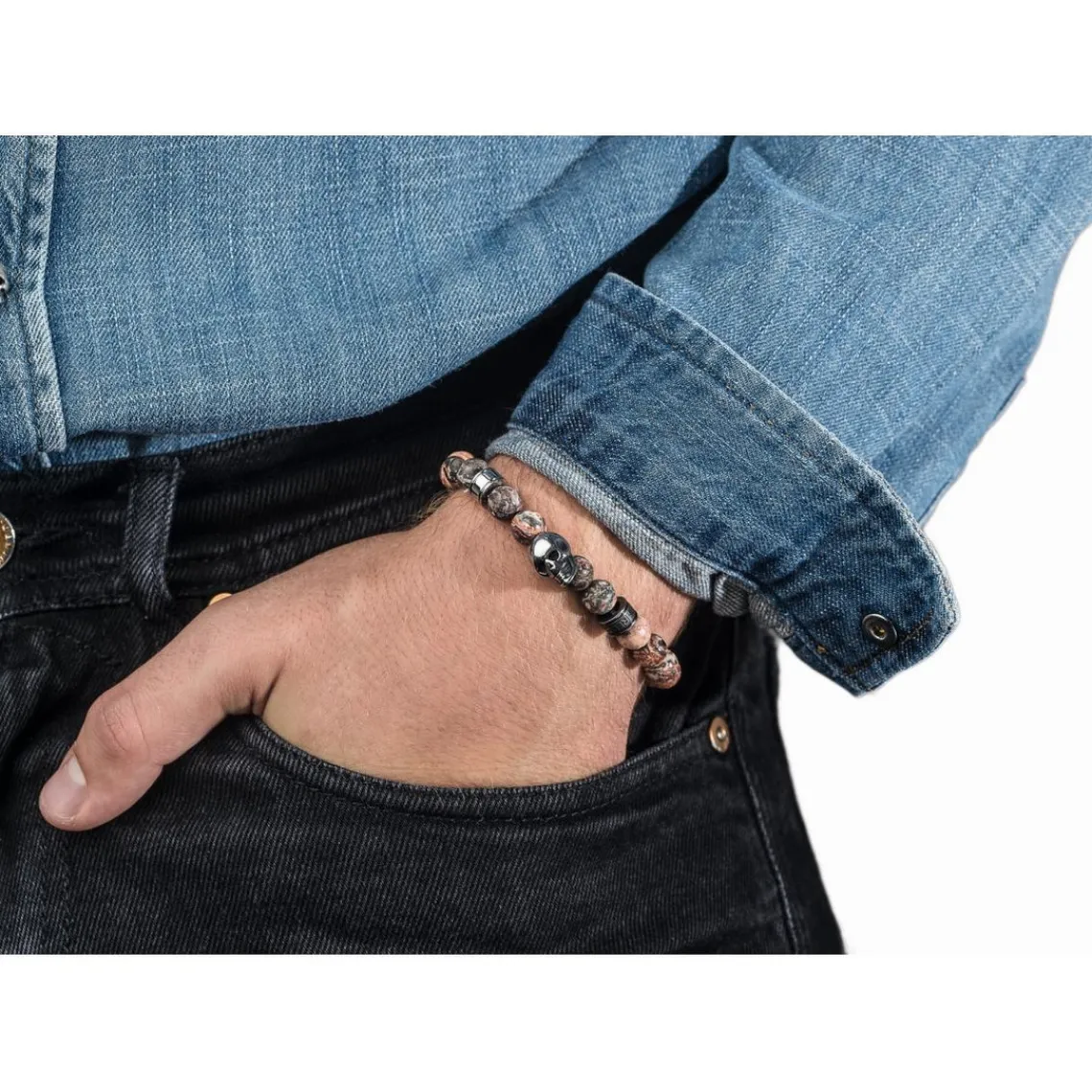 Redskins Bracelet Bijoux 285516 - Homme en Carbonate de Jade Orange et Acier - Tête de Mort | Homme Bracelet