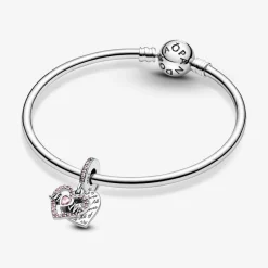 Pandora Charm Double Pendant Cœur gravé & Cœur Mum cristaux rose Passions | Femme Charms