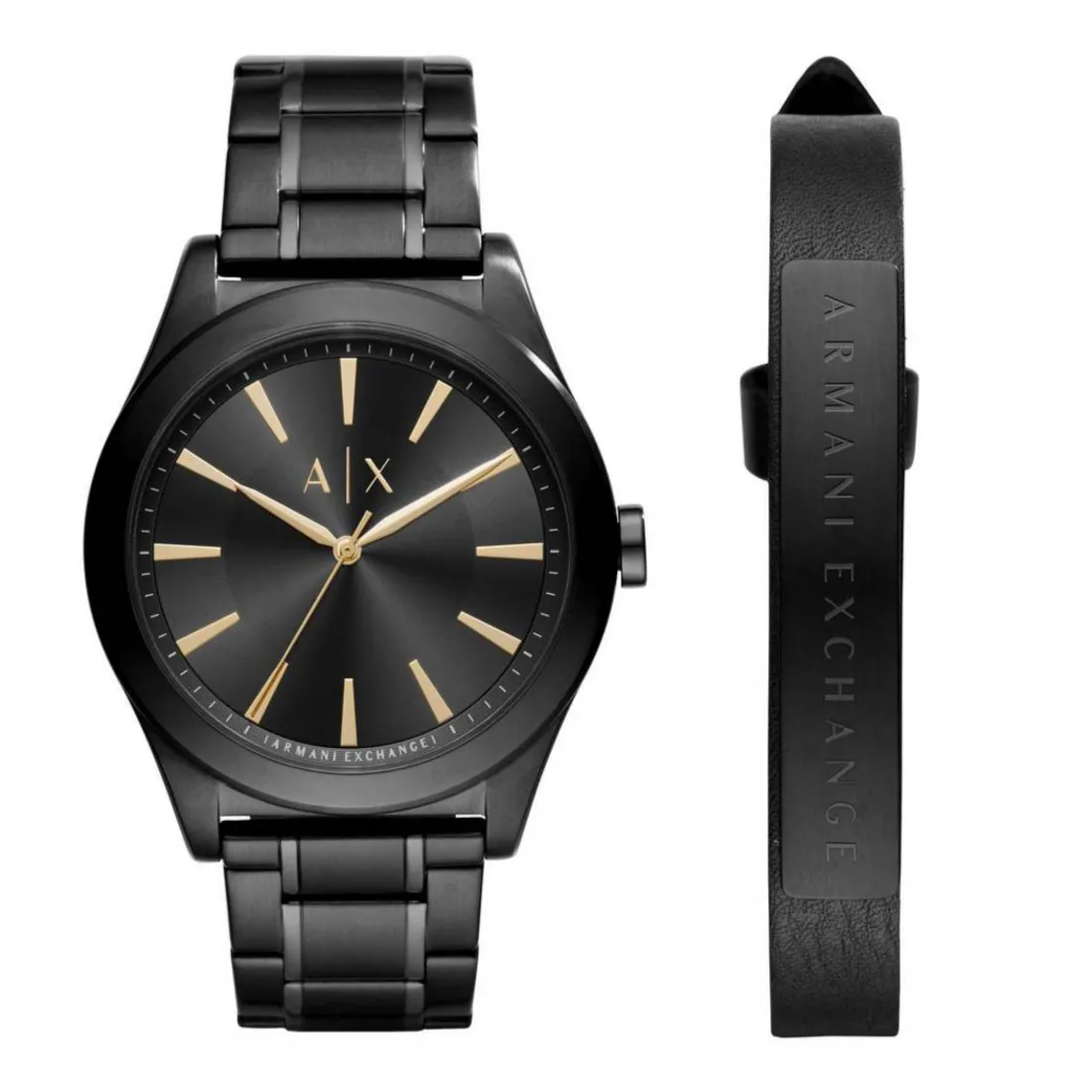 Armani Exchange Coffret Montre AX7102 - Bracelet en cuir noir et acier plaqué noir + Montre Bracelet Acier Noir Boitier Acier Noir Homme | Homme Bracelet|Noir