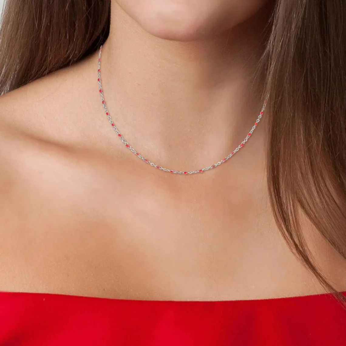 Angèle M Bijoux Collier femme Angèle M - B2380-ROUGE Acier Argent | Femme Collier Et Pendentif