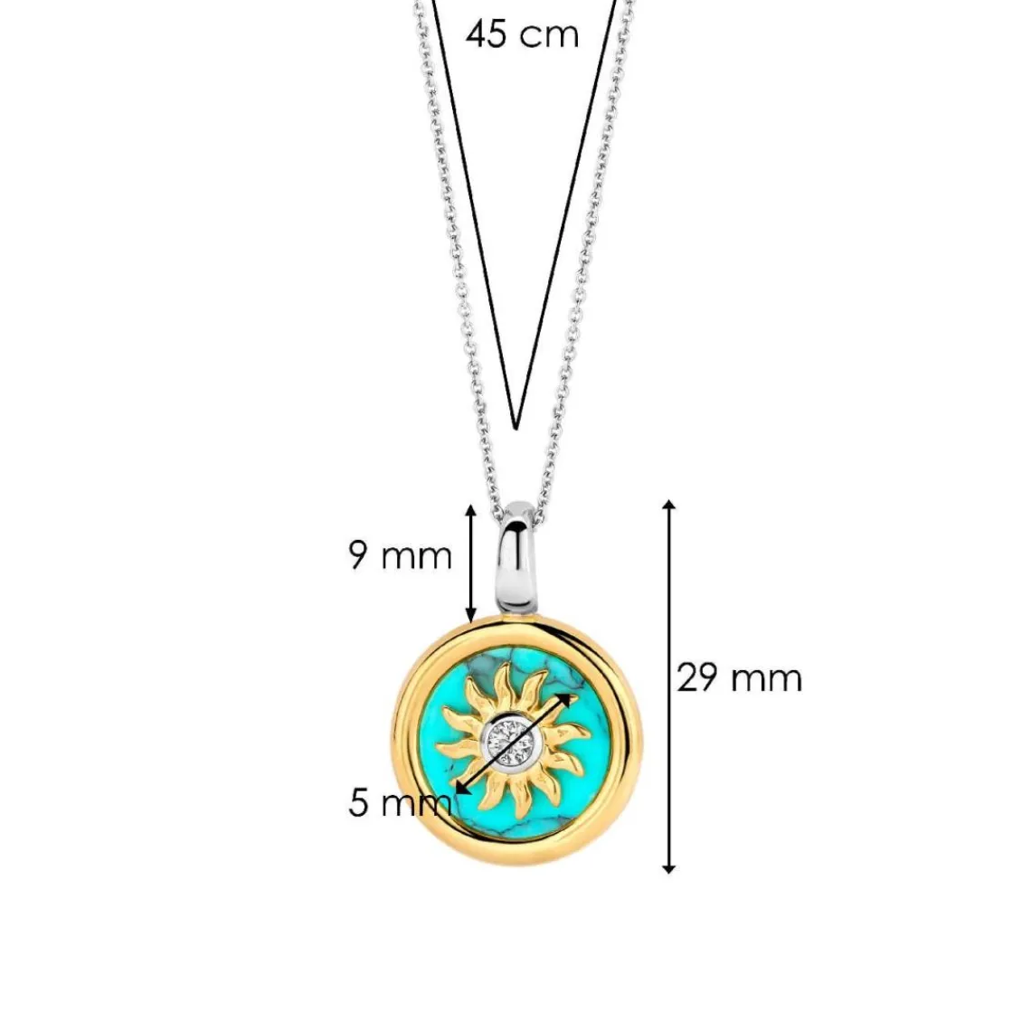 Ti Sento Pendentif - 6831TQ Argent Doré Et Pierre Synthétique Turquoise Forme Soleil | Femme Collier Et Pendentif