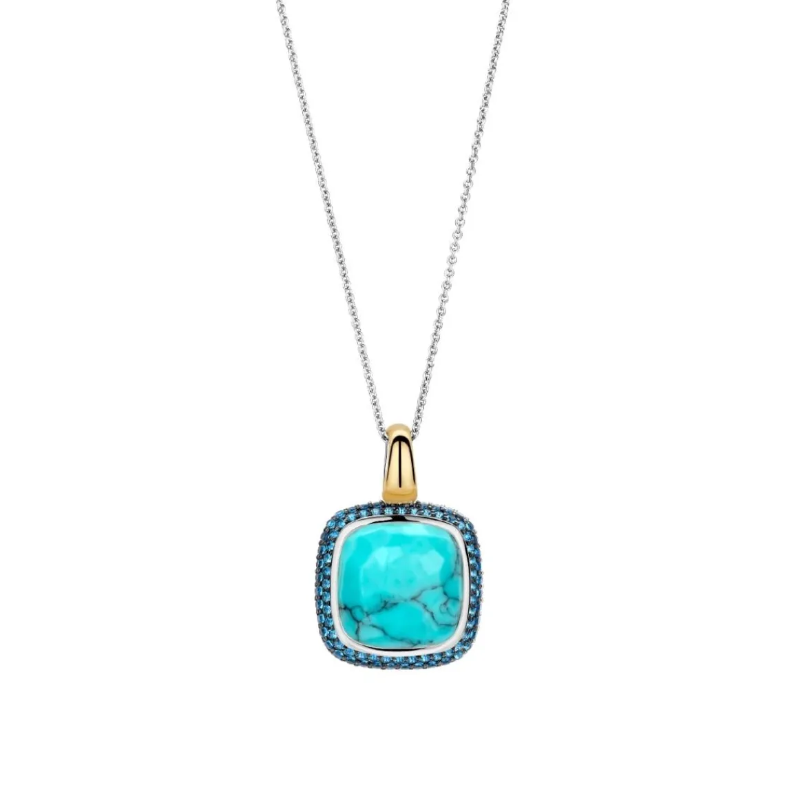 Ti Sento Pendentif - 6828TQ Argent Doré Et Pierre Synthétique Turquoise Carrée Et Pavage Bleu | Femme Collier Et Pendentif